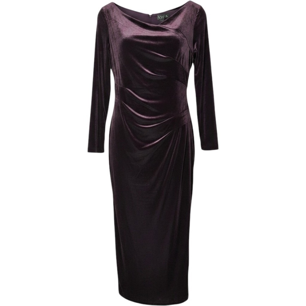 Nightway Women Maroon Velvet like Long Sleeve Draped Evening Gown Slit 12‎ NWT